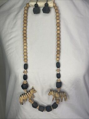 Carved Zebra Wood Bead Necklace with Black Accents